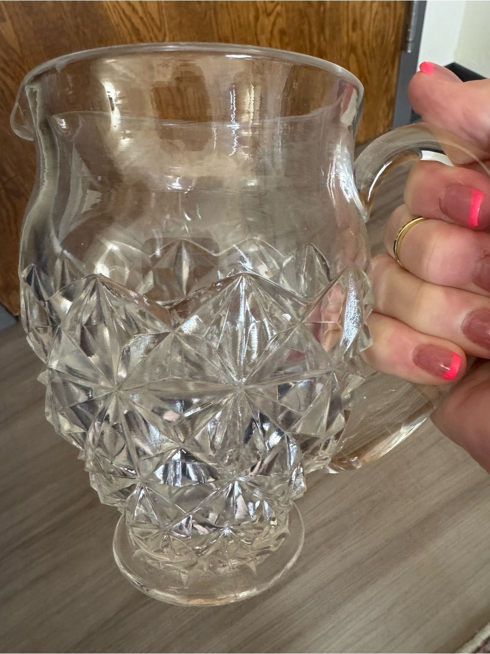 Vintage Clear Cut Glass Pitcher Diamond Starburst Pattern Small Small Pitcher - Picture 1 of 4